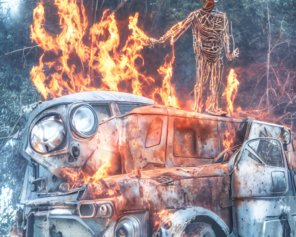 Skeleton on Burning Car in Forest with Outstretched Hand