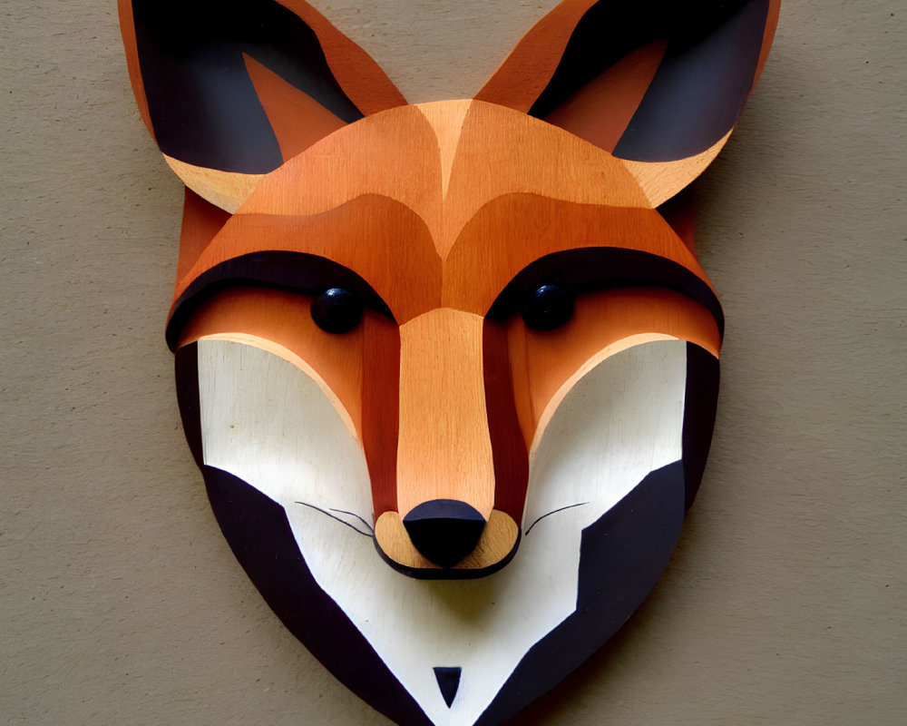 Colorful Wooden Fox Face Mask on Beige Wall with Orange, White, and Black Colors