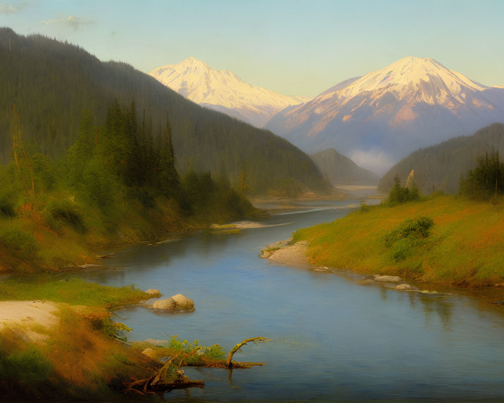 Scenic river in forested valley with snow-capped mountains under golden sky