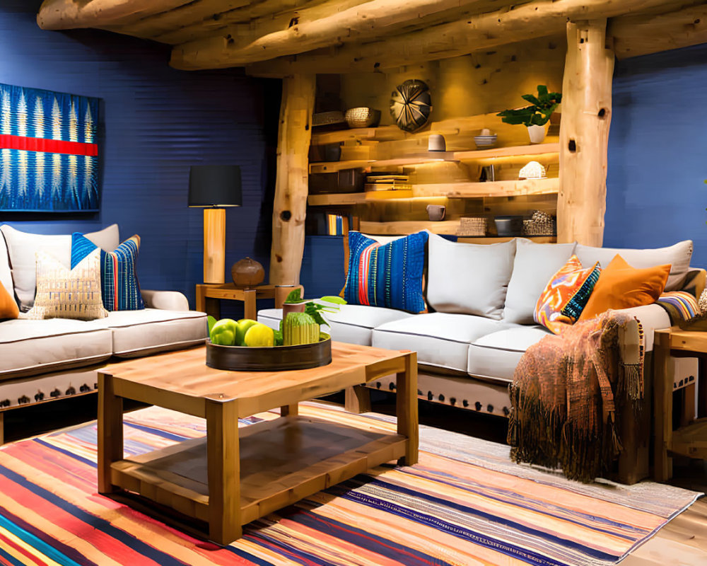 Rustic wooden themed living room with colorful textiles and green apples