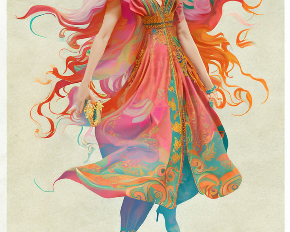 Colorful illustration of woman with fiery red hair in ornate dress swirls gracefully.