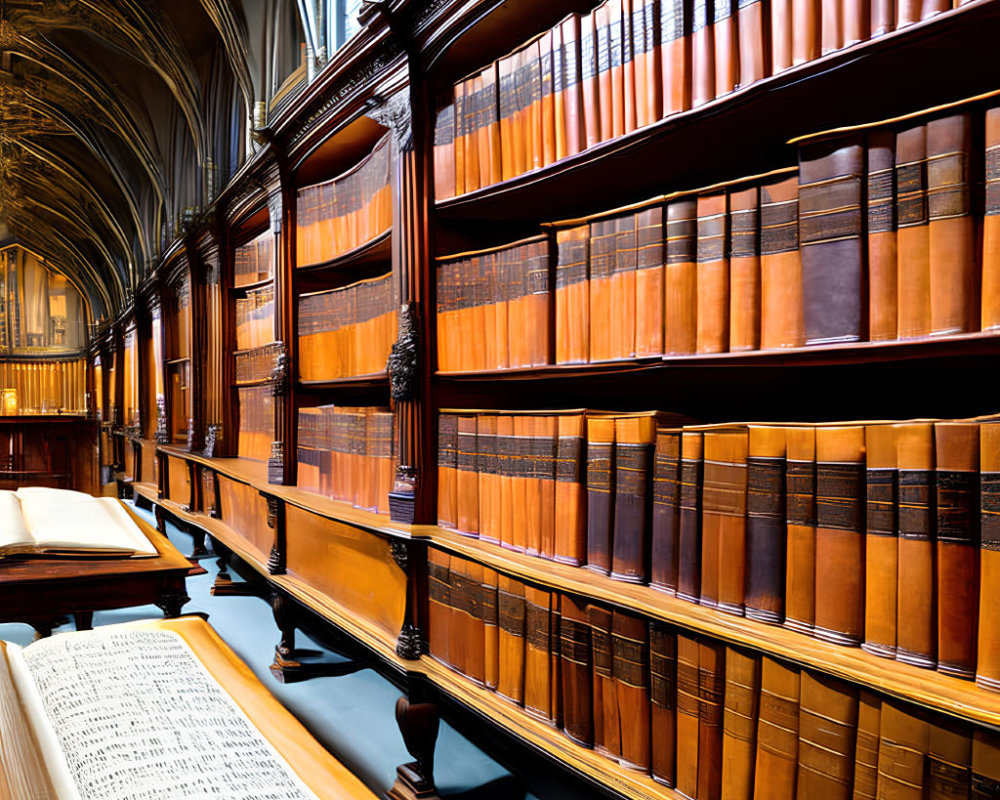 Ornate library with tall wooden bookshelves and leather-bound books under a vaulted ceiling