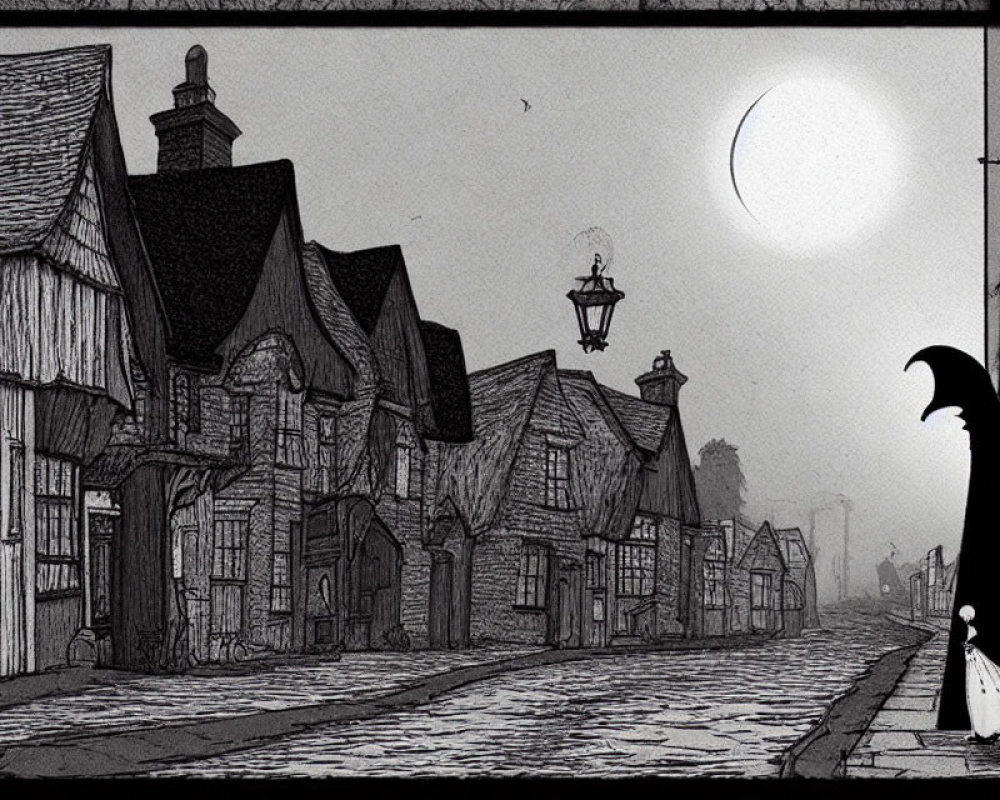 Monochrome cobblestone street in vintage village with streetlamp, houses, figure, crescent moon