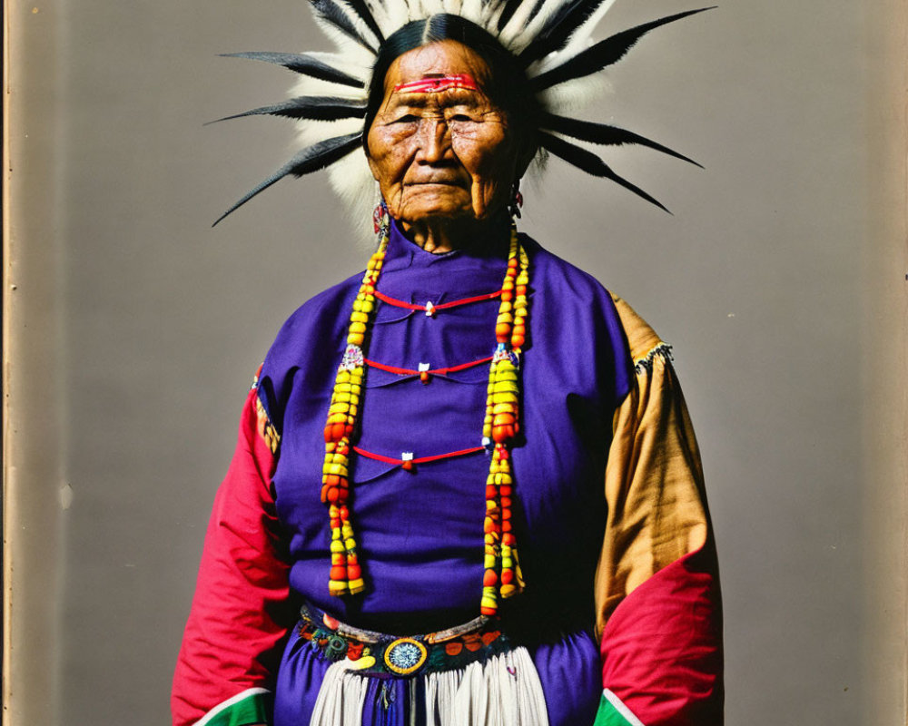 Elderly person in traditional Native American attire with feather headdress and colorful beads