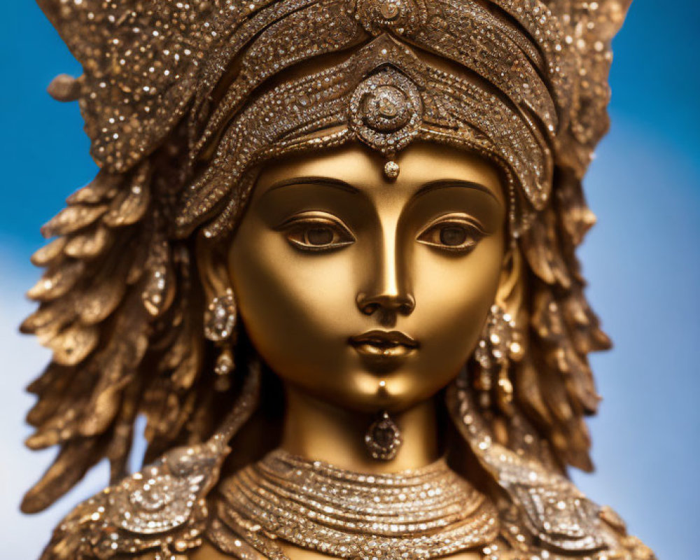 Golden statue of female deity with intricate headgear and jewelry on blue background