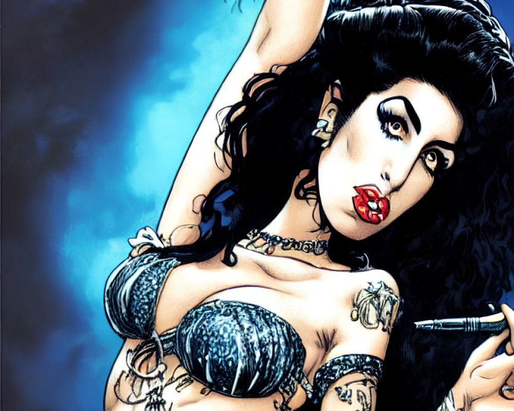 Detailed illustration of woman with black voluminous hair, red lips, shiny bikini, holding microphone, amidst