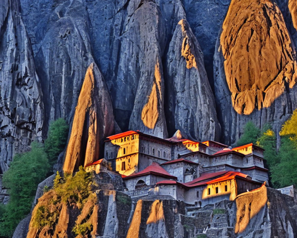 Historical monastery on rugged cliffs at sunset