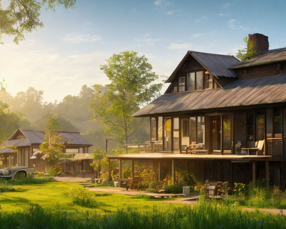 Tranquil country house with spacious porch in morning sunlight