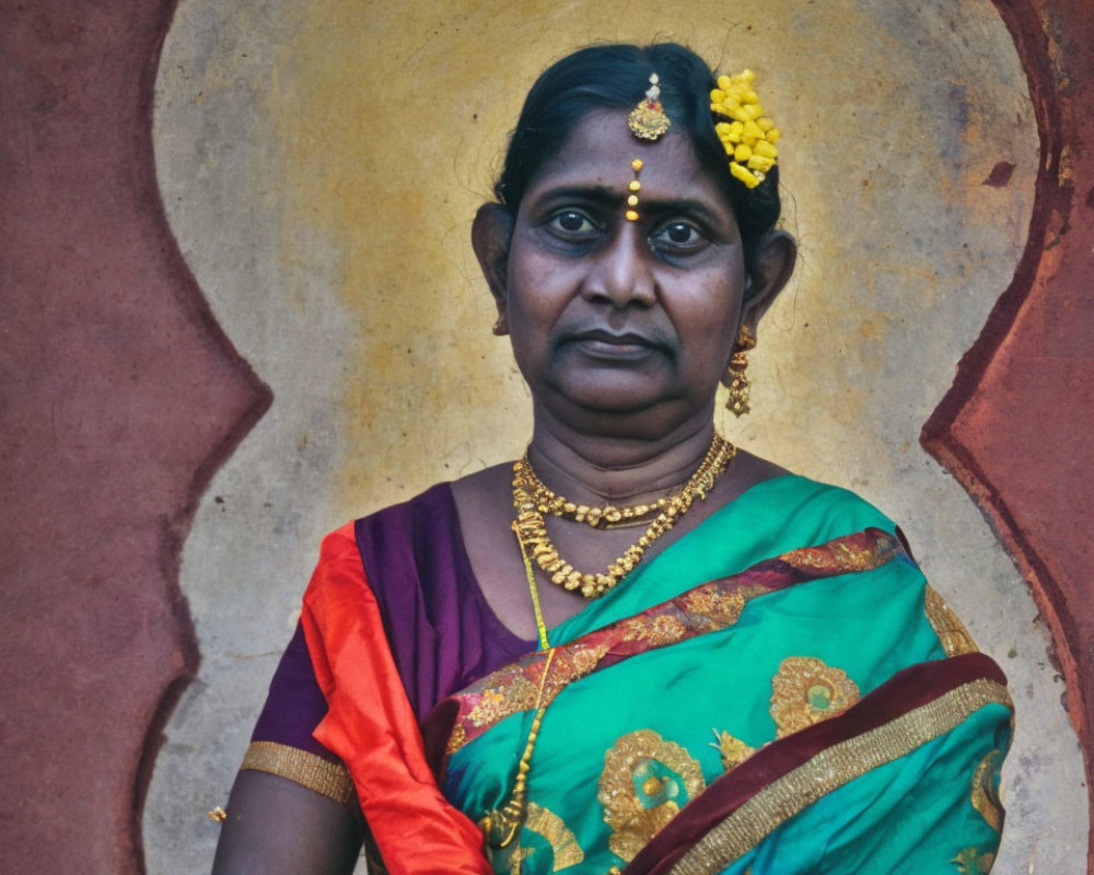 Traditional Indian attire woman in serene pose before textured wall