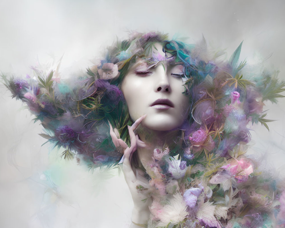 Colorful Flowers Surround Person in Surreal Portrait