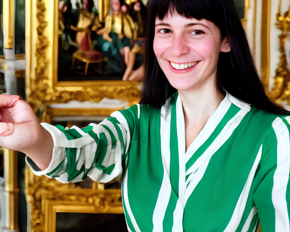 Smiling woman in green and white striped dress in ornate room with golden mirrors