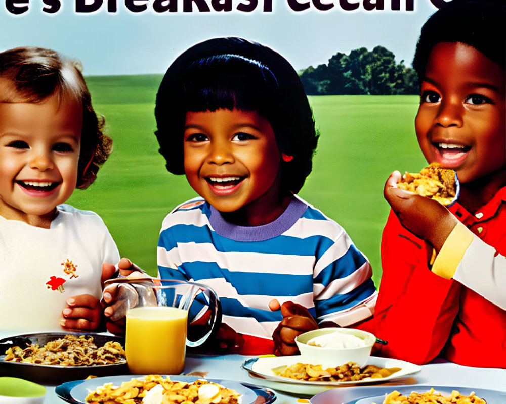 Three children enjoying breakfast with cereal and orange juice, text overlay with typo.