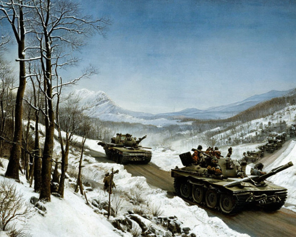 Snowy Military Tanks Moving Through Bare Winter Landscape