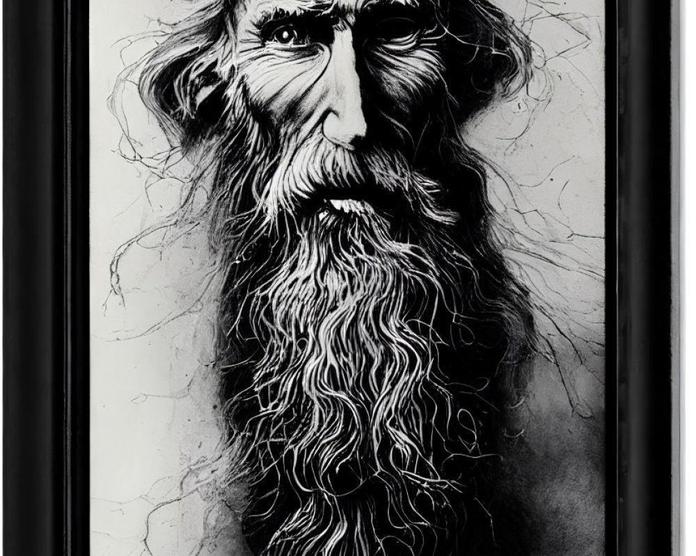 Intense monochrome portrait of elderly man with flowing, expressive lines