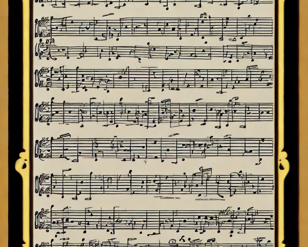 Sheet music for multiple instruments on decorative parchment background