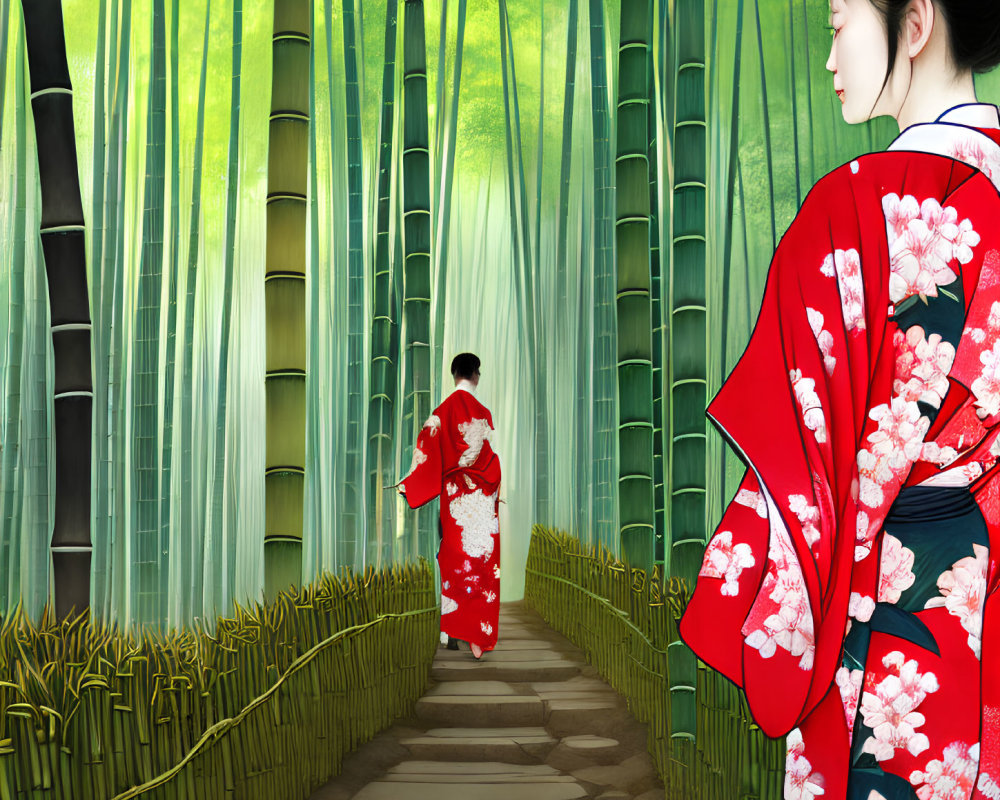 Woman in Red Kimono Walking Through Bamboo Forest