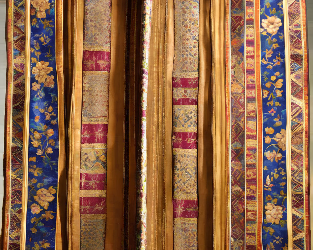 Intricate Gold, Red, and Blue Draped Curtains on Floral Backdrop