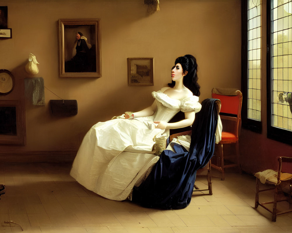 Woman in White Dress with Blue Shawl Sitting in Vintage Room