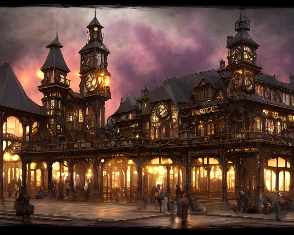 Ornate Train Station Illustration at Dusk with Purple and Orange Sky