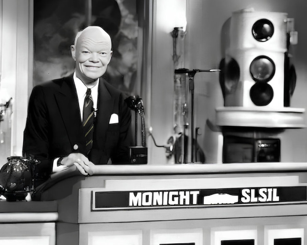 Monochrome image of caricature-like person with "MIDNIGHT SLSSL" on desk,