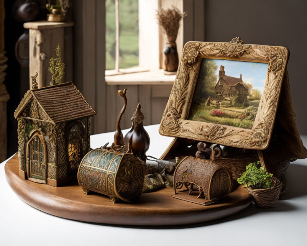 Intricately Decorated Metal Objects, House Model, and Countryside Painting on Table