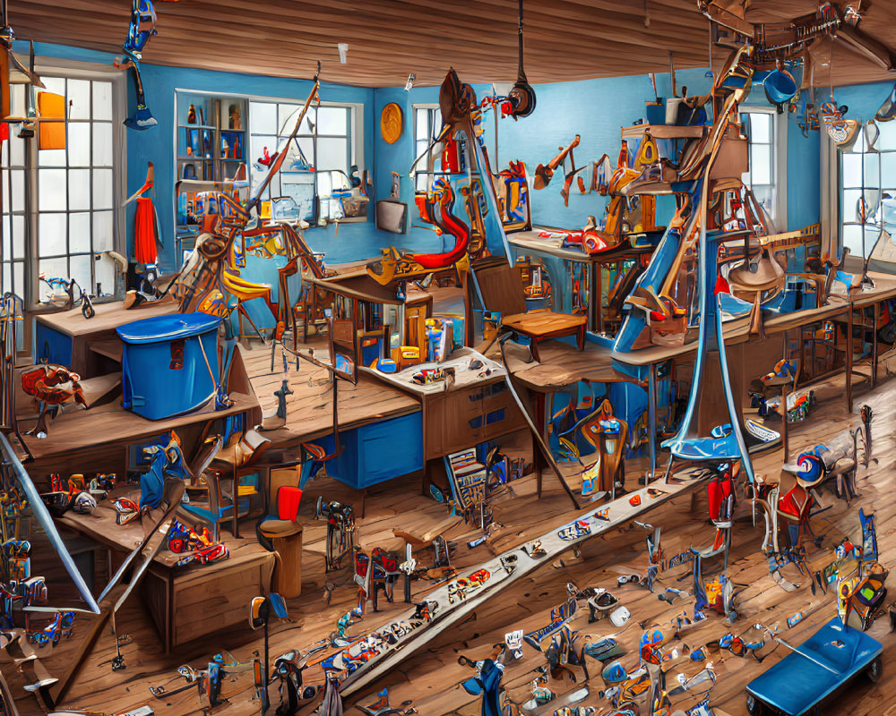 Detailed whimsical illustration of a chaotic carpentry workshop with anthropomorphic tools.