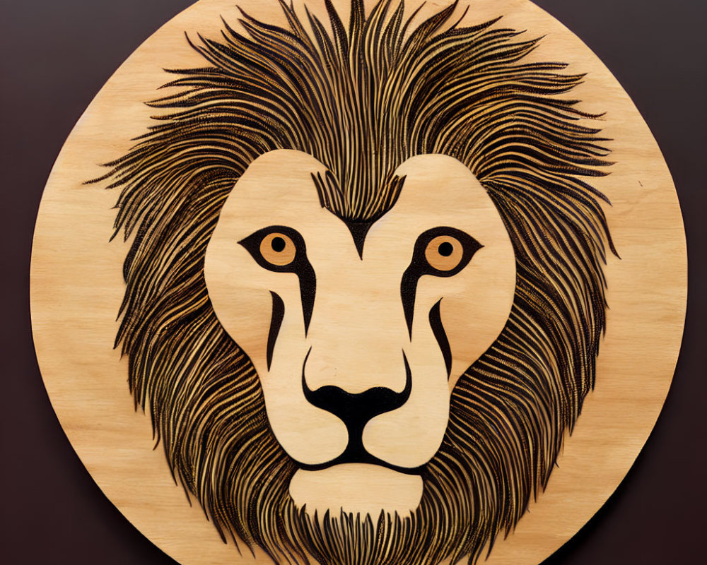 Detailed Lion Face Wood Carving on Circular Backdrop