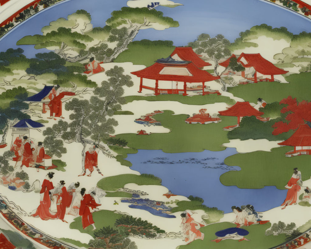 Circular Chinese Painting of Traditional Landscape with Red-Roofed Pavilions and People in Red Att