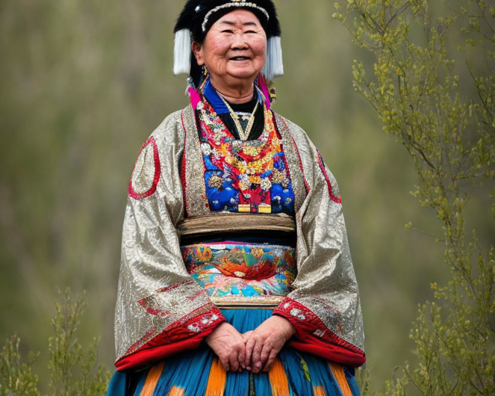 Elderly woman in colorful traditional clothing and jewelry against natural backdrop