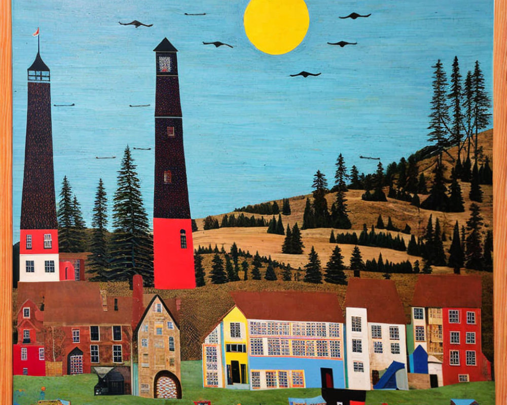 Vibrant Folk Art Painting of Coastal Village with Lighthouses and Birds