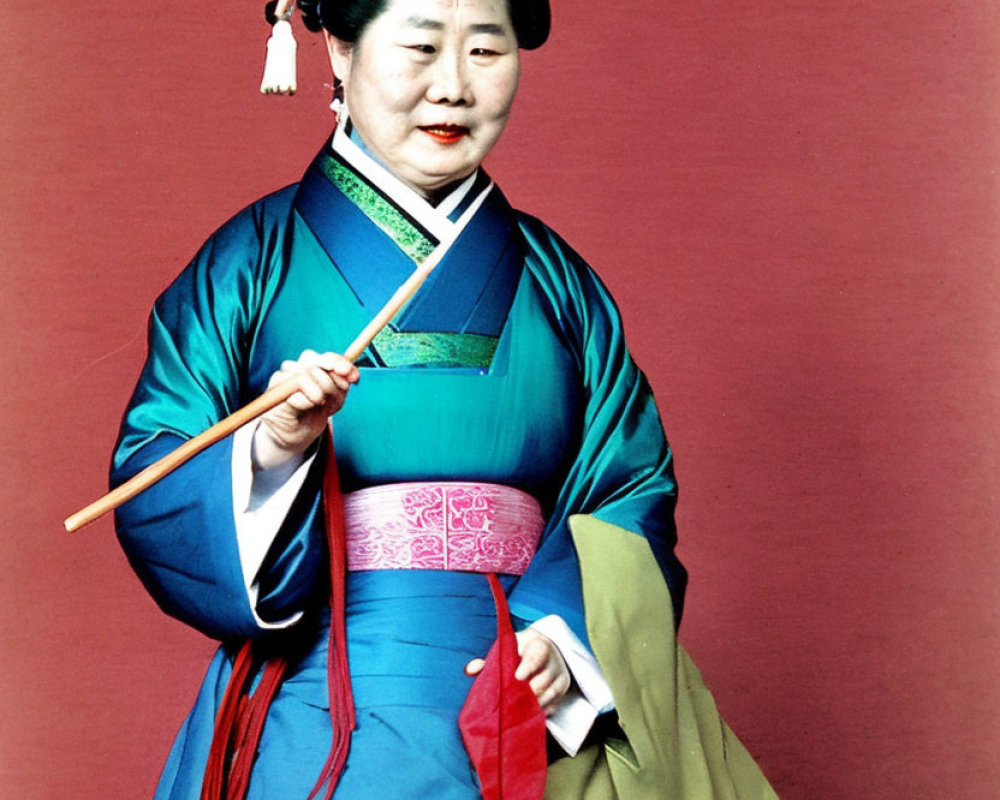 Traditional Korean Hanbok Woman with Drumstick on Red Background