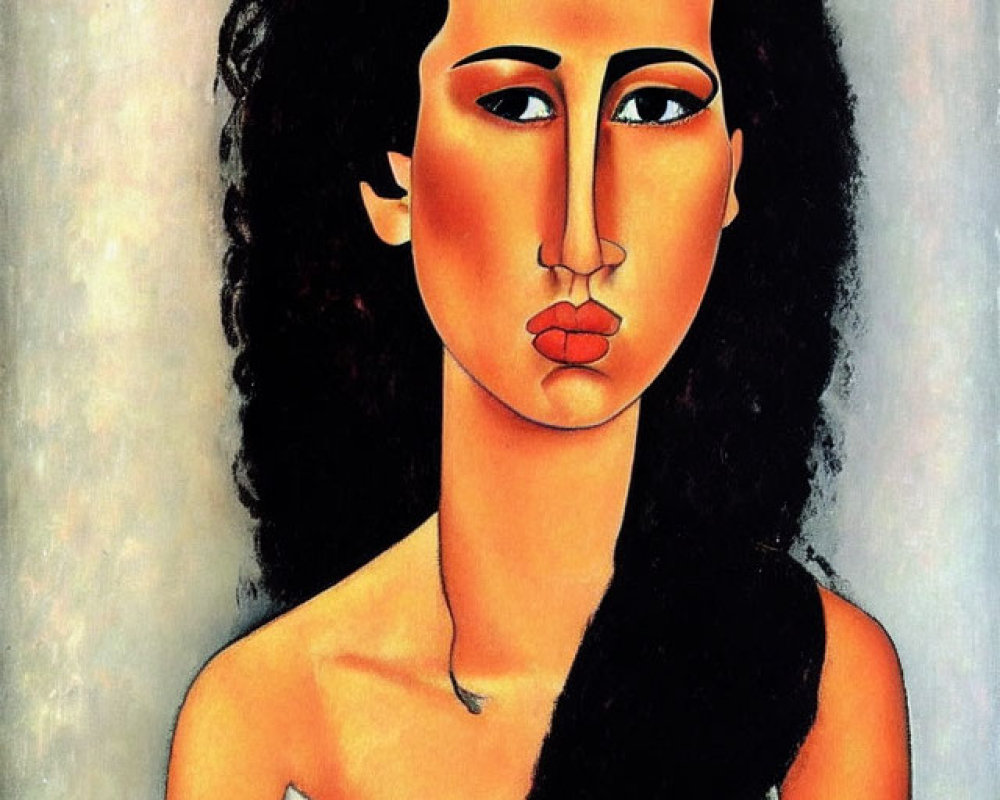 Stylized portrait of woman with prominent eyes and lips and black braid on pale background