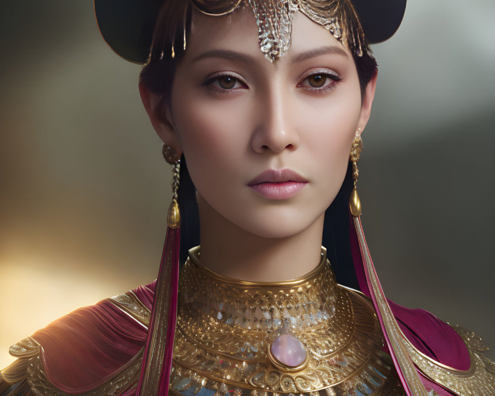 Elaborate historical attire woman with jeweled headdress and gold necklace