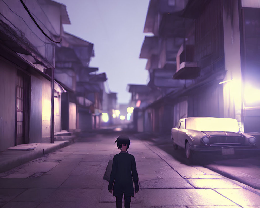 Young boy on dimly lit street with vintage car and old buildings at dusk