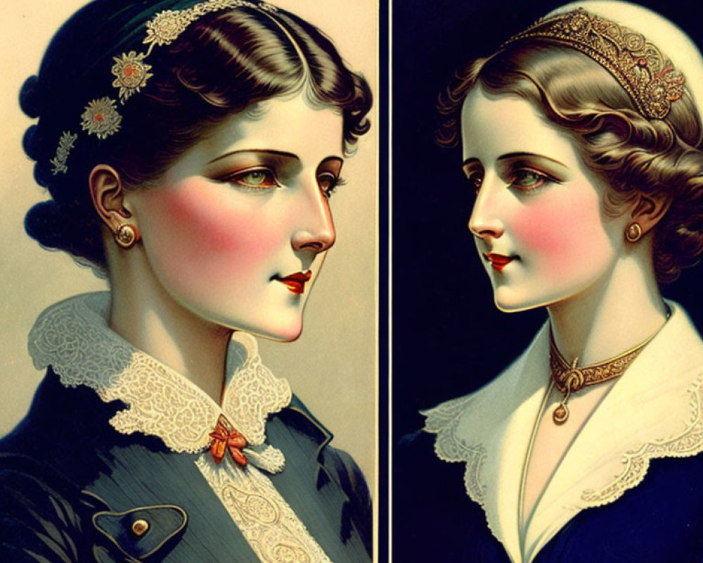 Vintage Portraits of Women with Elegant Hairstyles and Adorned Hairpieces