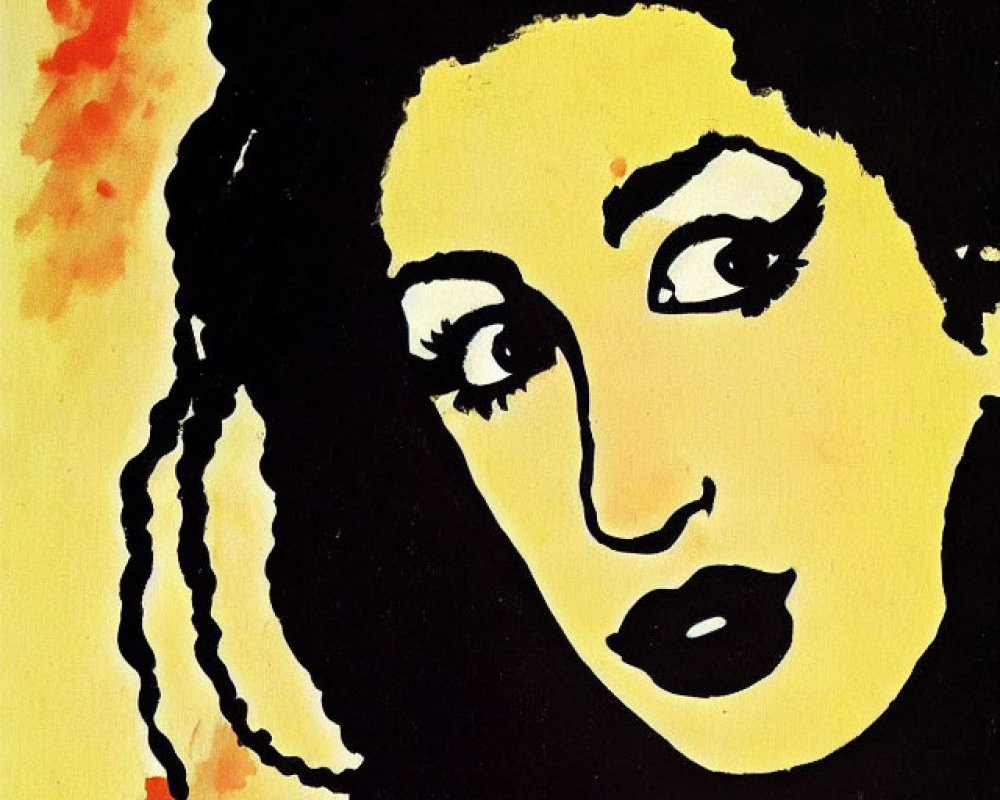 Stylized woman portrait with bold features on yellow background.