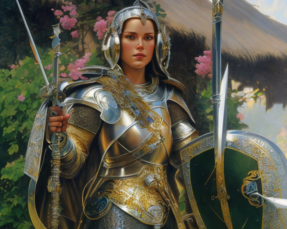 Female warrior in silver and gold armor with sword and shield in digital painting