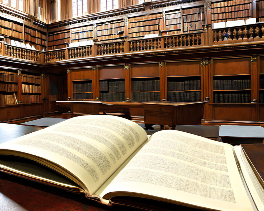 Wood-paneled library with open book on table