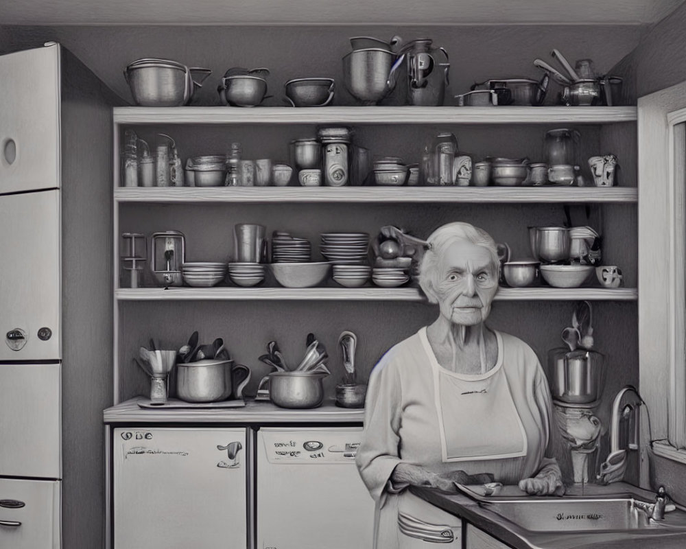 Elderly woman in vintage kitchen with pots, pans, and jars.