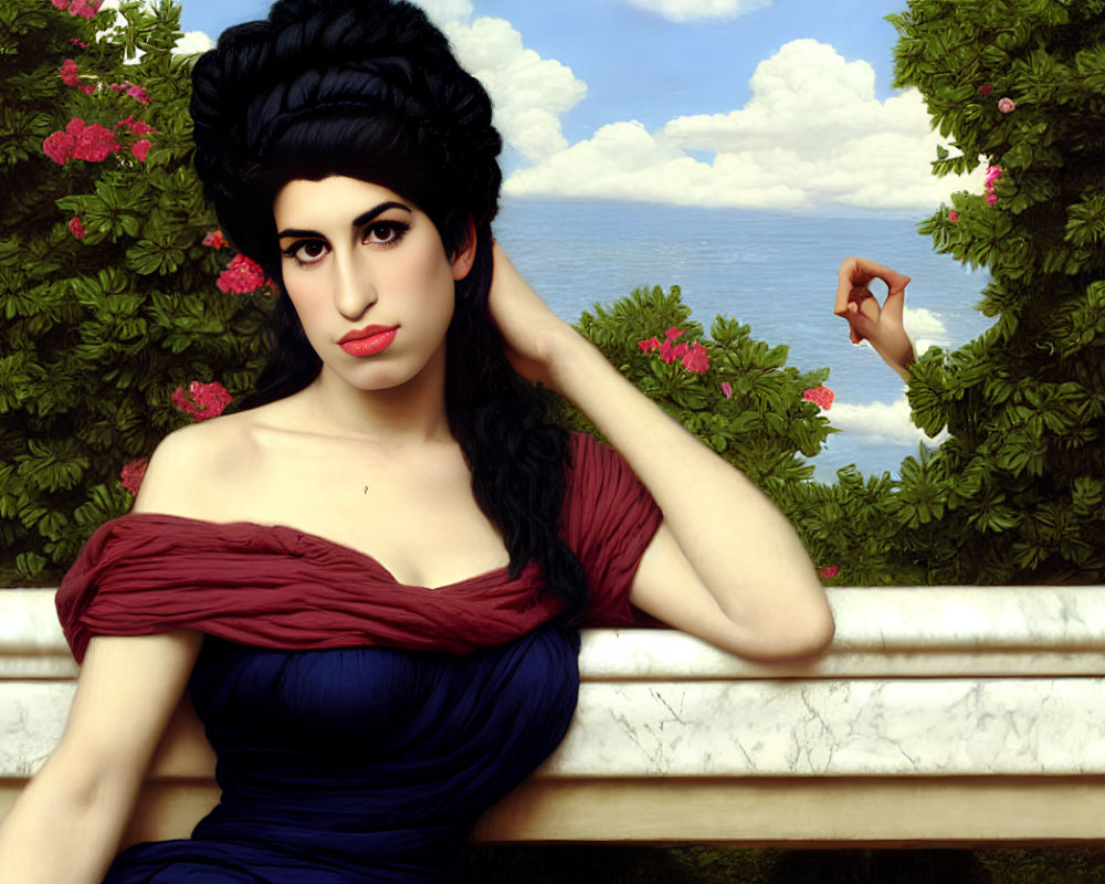 Digital artwork: Woman in red off-shoulder dress, dark hair, lush garden and sea backdrop