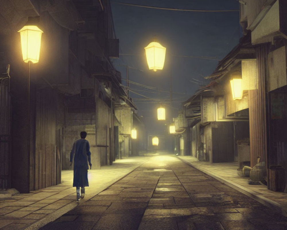 Blue-garmented person strolls dimly lit street with lanterns