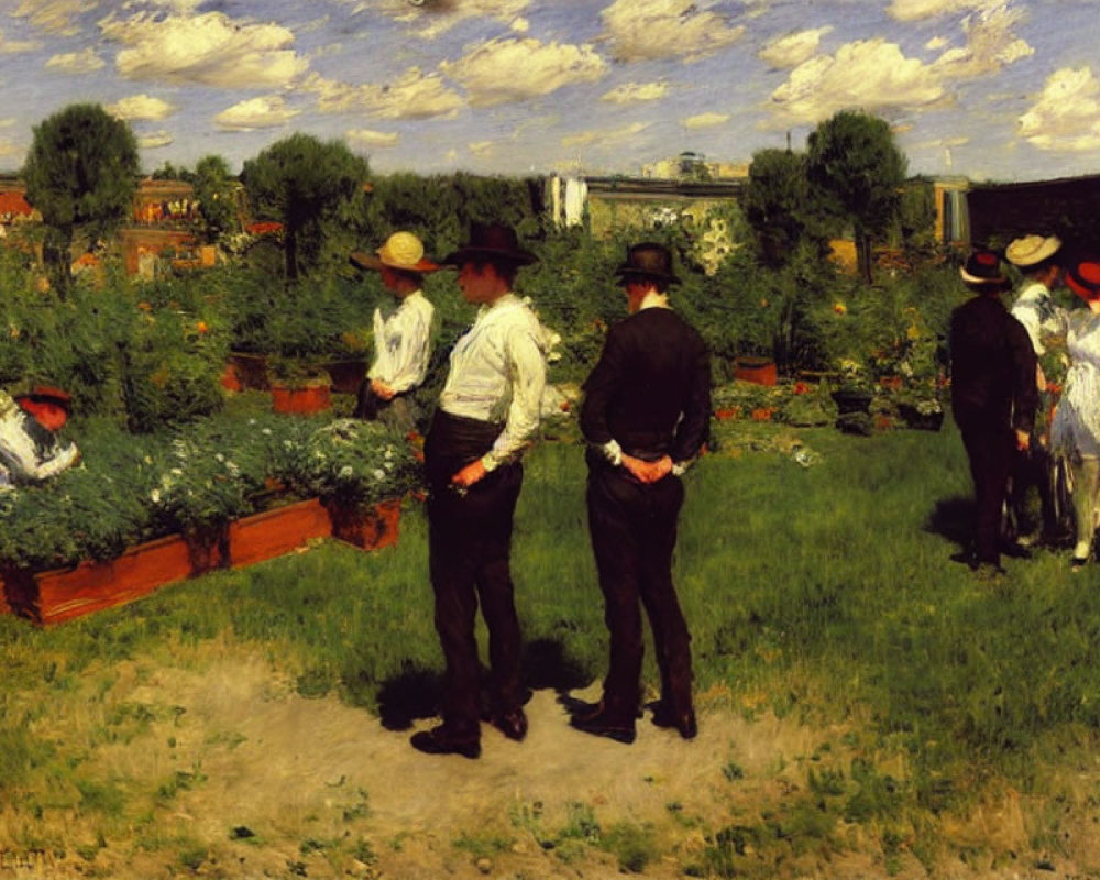 Urban garden painting with people in period attire and cityscape.