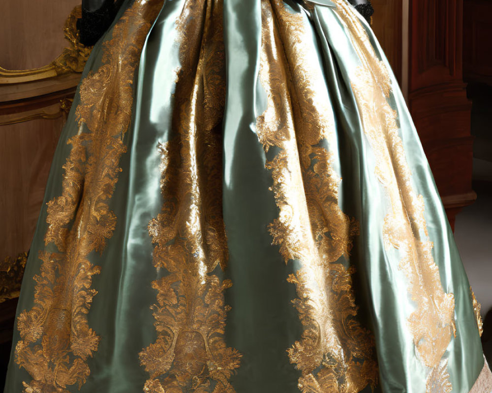 Elaborate Historical Dress with Gold-Patterned Bodice and Emerald Green Skirt