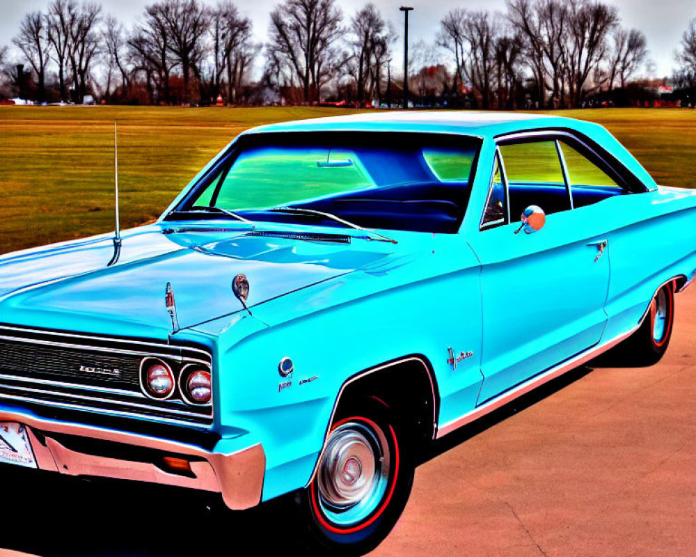 Vintage Turquoise Car with White Top Parked on Grass Near Treeline