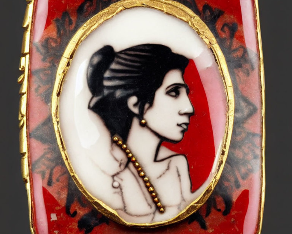 Profile Woman Pendant with Updo Hairstyle in Gold on Red Background