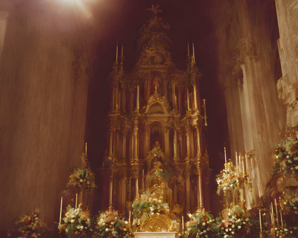 Baroque-style church altar with gold detailing and floral arrangements