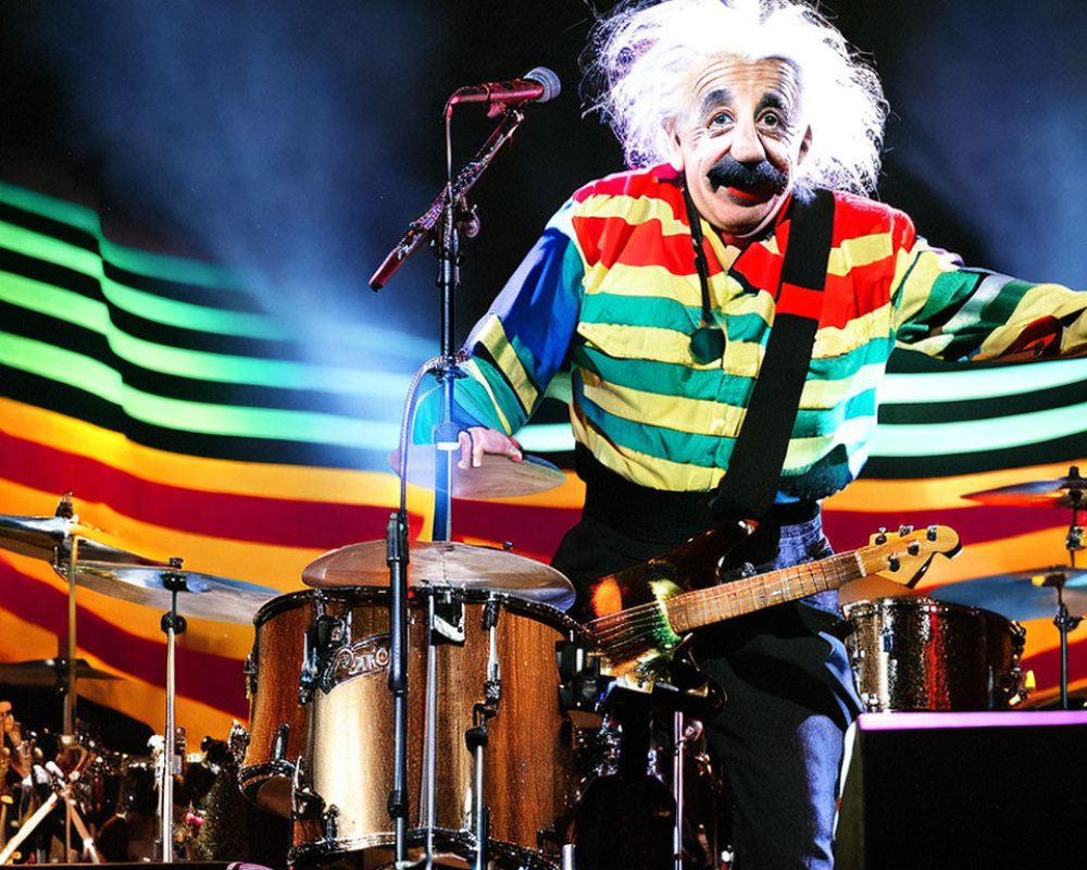 Colorful Striped Outfit Guitarist with Wild White Hair on Stage