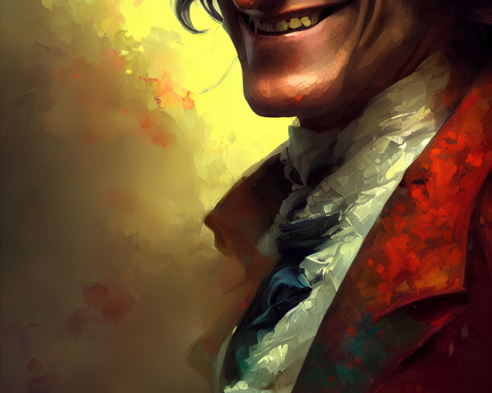 Colorful digital portrait of a smiling person with long hair and red jacket against abstract backdrop