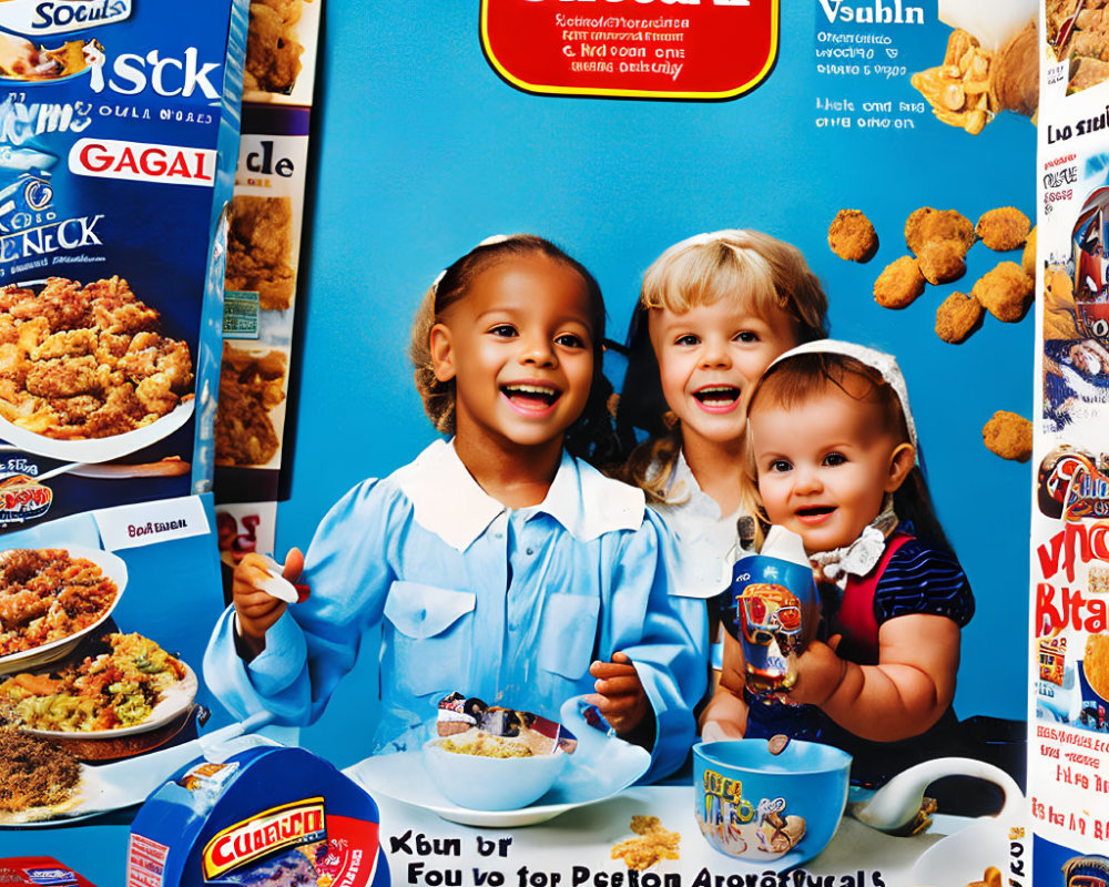 Three Children Posing with Breakfast Products and Vibrant Graphics