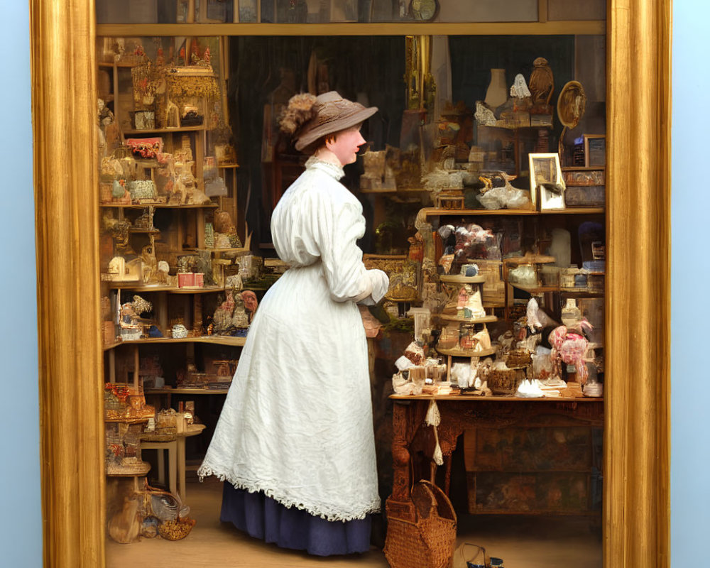 Vintage-clad woman gazes at shop window with trinkets in golden frame